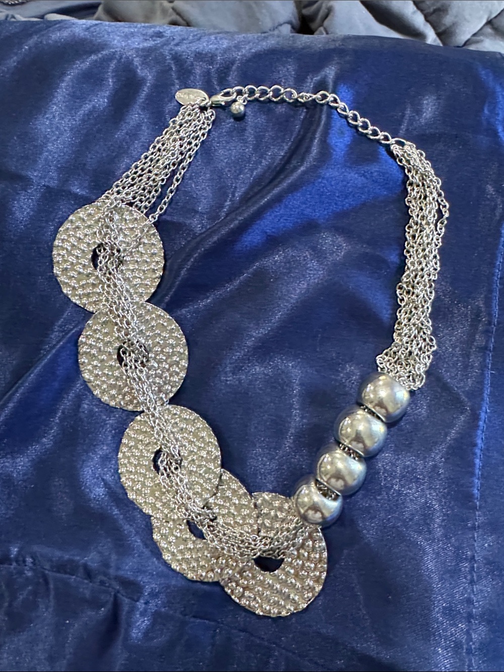Silver Multichain Statement Necklace with Textured Discs